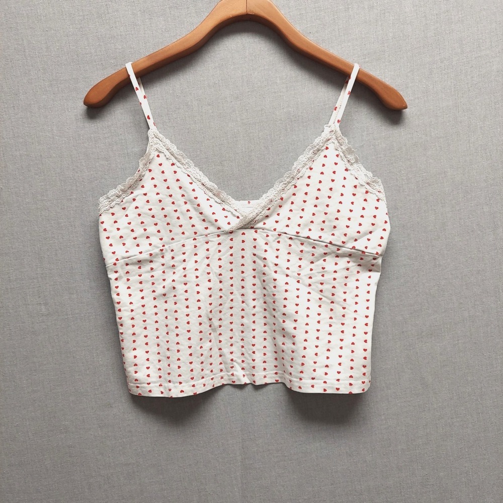 Y2K Heart Print Lace Trim Crop Cami Top Cottagecore Coquette Soft Girl Tank S